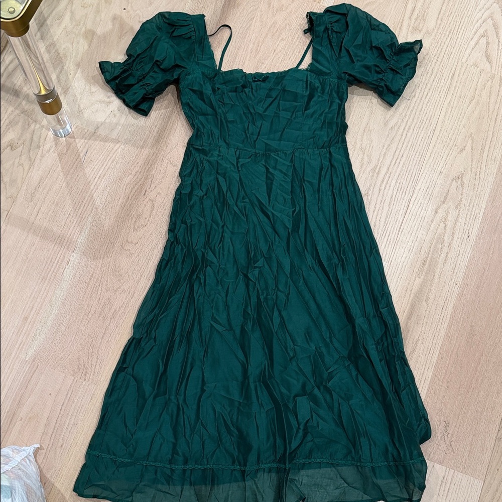 Chic Forest Green Puff Sleeve Midi Dress